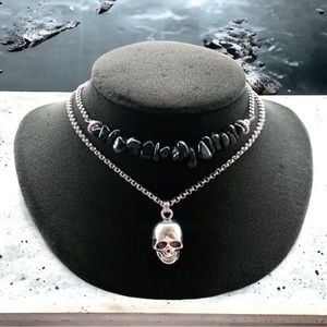 Onyx skull necklace . Double layer onyx gemstones chips & silver skull charm